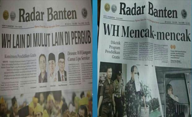 Berita-berita utama Koran Radar Banten mengkritik kebijakan Gubernur Banten Wahidin Halim.(FOTO: Google)