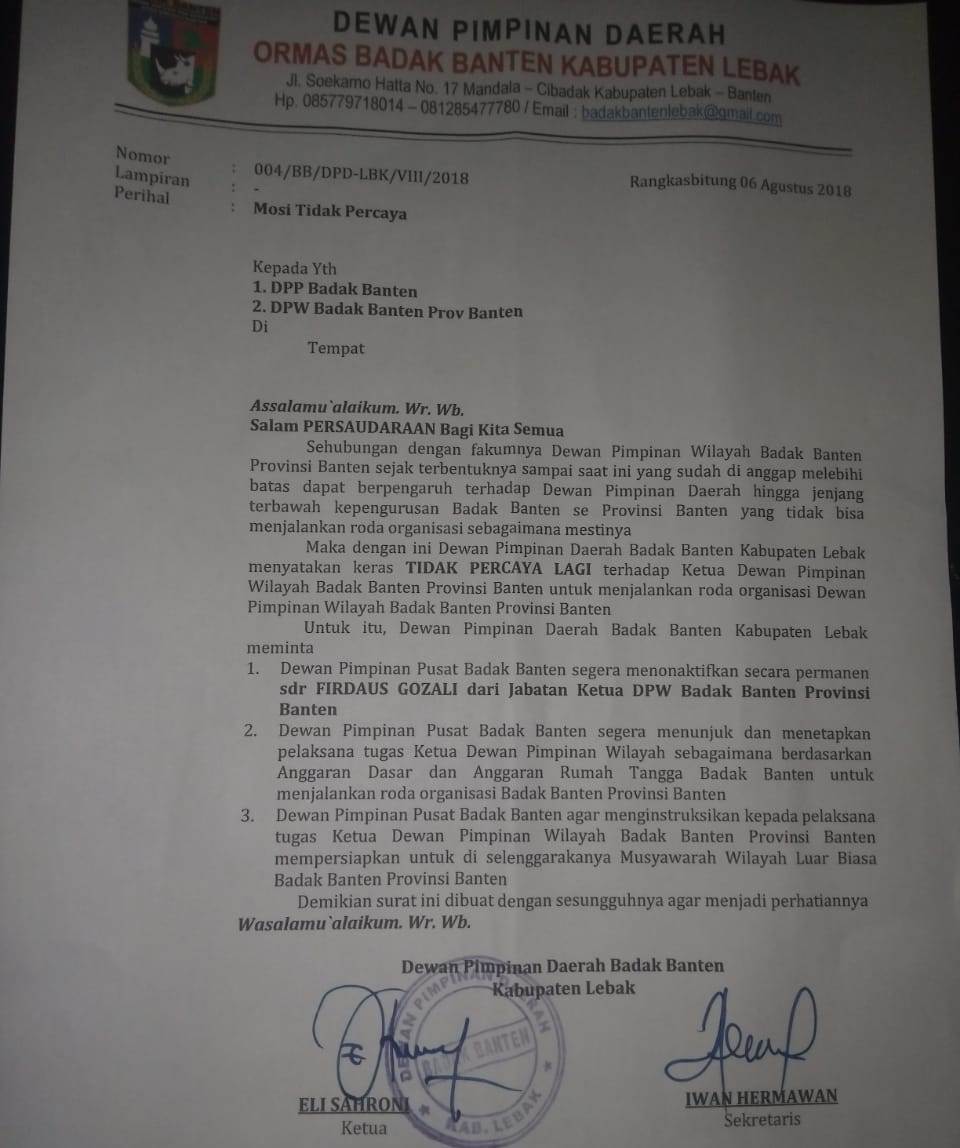 Ketua DPW Badak Banten Didesak Mundur